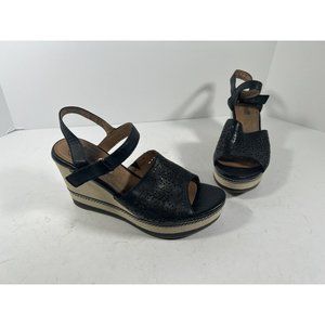 Clarks Collection Soft Cushion 9M Wedge Sandals Shoes Black Espadrille Laser Cut